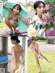 A woman in a bikini is holding a shower head.