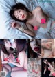 A collage of photos of a woman laying on a bed.