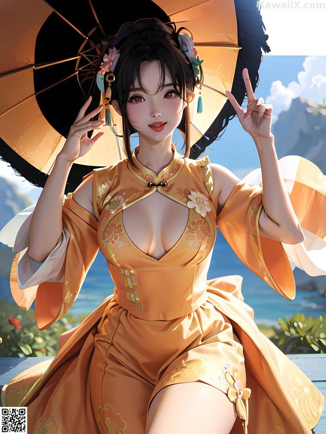 A woman in a yellow dress holding an umbrella.
