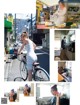 A collage of photos of a woman riding a bike.