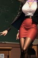 A woman in a skirt and blazer standing in front of a blackboard.