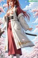 A woman in traditional attire stands amidst cherry blossoms, holding a sword.