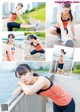 A collage of photos of a woman doing stretching exercises.